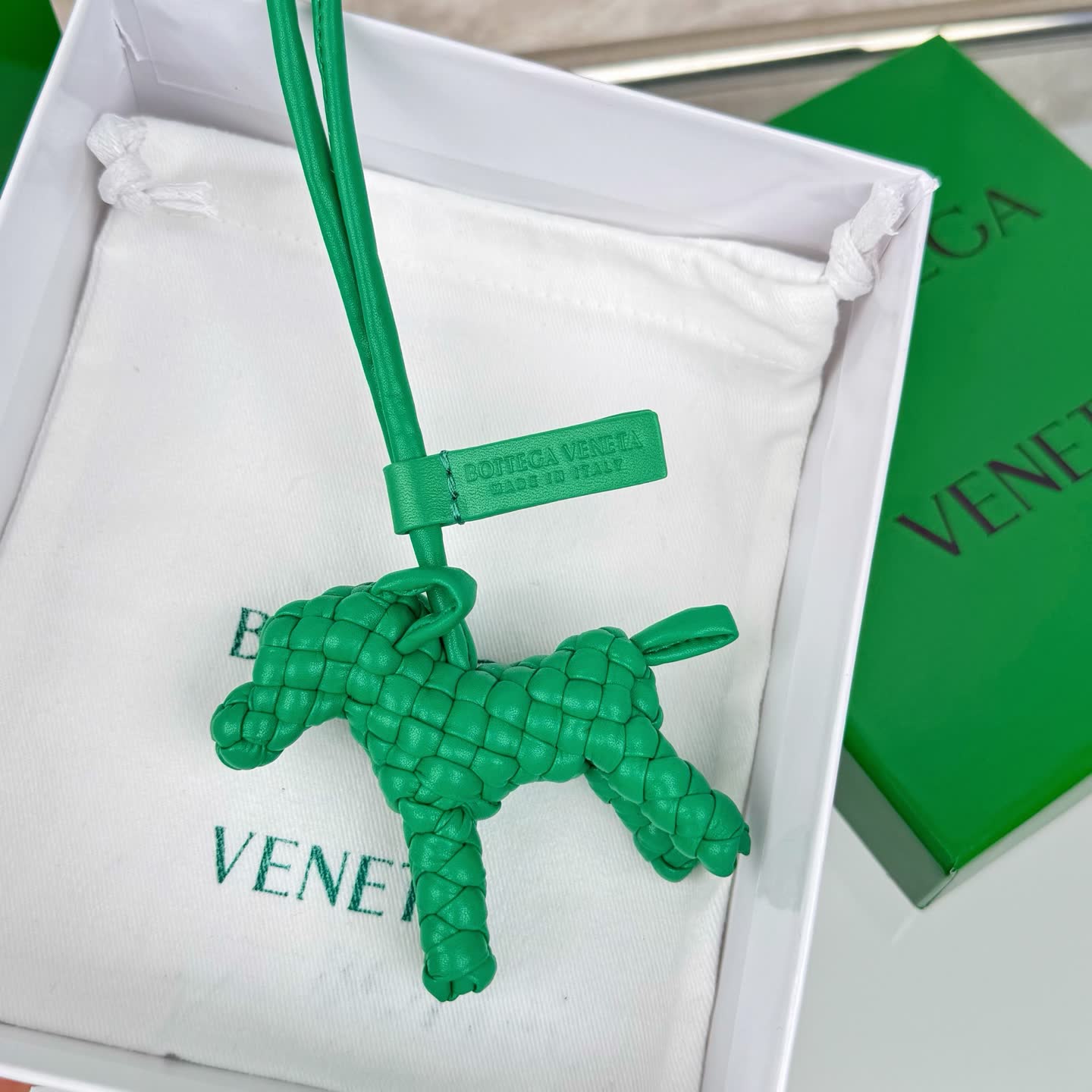 Bottega Veneta Green Leather Keychain